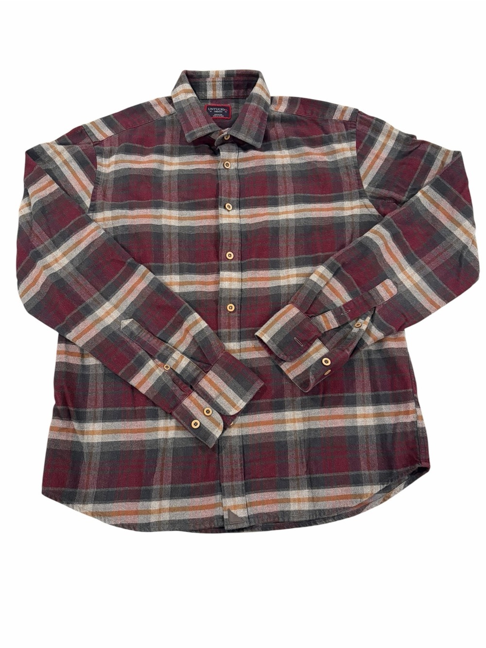 UNTUCKit Greyton Flannel‎ Shirt Mens Medium Burgundy Gray Cotton Button